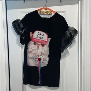 "Cats Rule" Black Ruffle Sleeve Tee